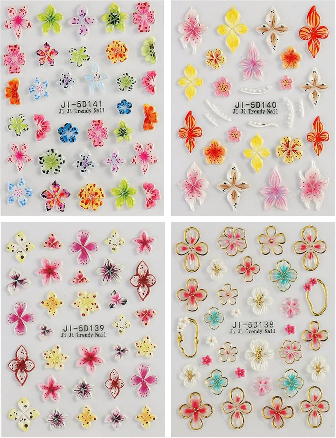 JMEOWIO 3D Nálepka na nehty Colorful Flower Nail Art Nálepka Selbstklebend Nagelaufkleber 5D Stereoskopické Jaro Léto Květinová dekorace Nageldesign Zubehör 4 Blatt