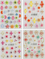 JMEOWIO 3D Nálepka na nehty Colorful Flower Nail Art Nálepka Selbstklebend Nagelaufkleber 5D Stereoskopické Jaro Léto Květinová dekorace Nageldesign Zubehör 4 Blatt
