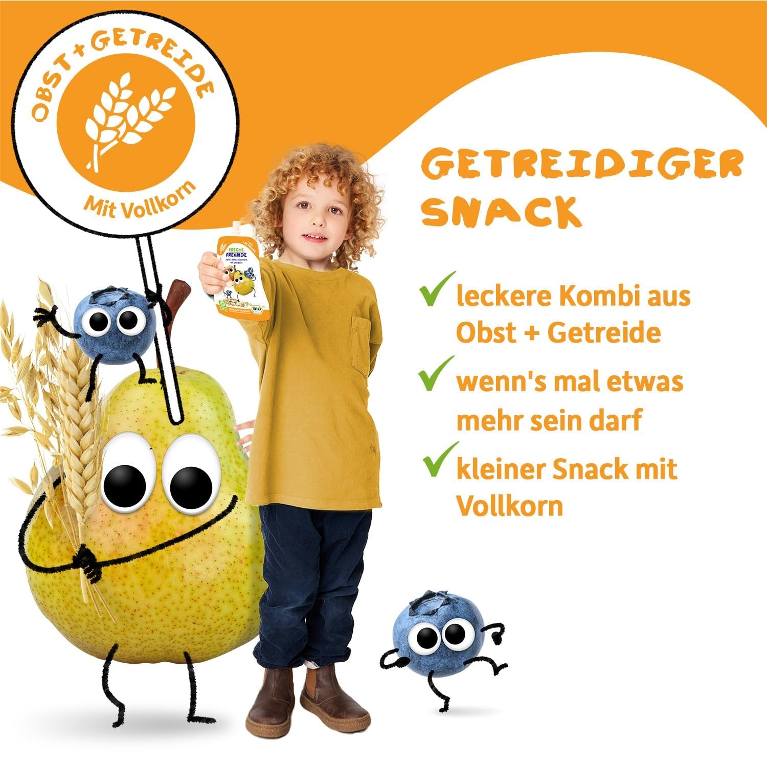 FRECHE FREUNDE Broskev Jablko Banán Oves Bio Ovocné pyré s cereáliemi ve stlačitelném sáčku pro děti 6 měsíců+ Vegan 6 balení (6 x 100 g)