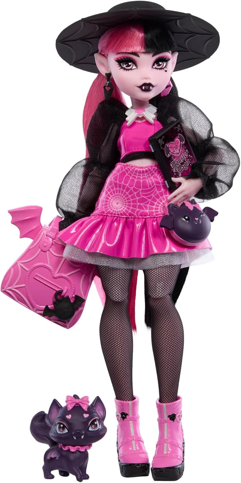 Panenka Monster High Draculaura se svým mazlíčkem, netopýří kočkou, Count Fabulous, a doplňky, jako je batoh, kniha kouzel, bento box a další, HRP64