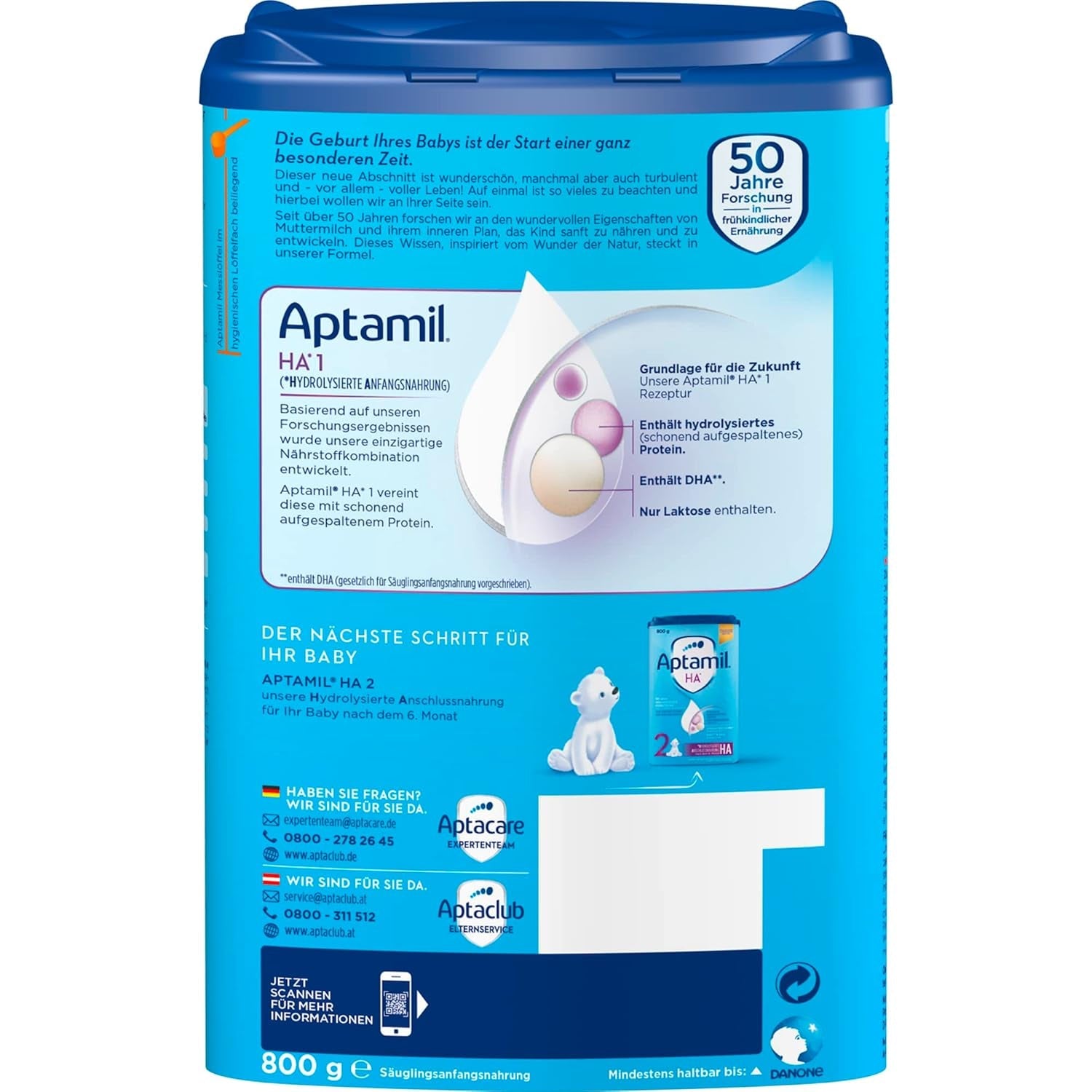 Aptamil HA 1 – Anfangsmilch von Geburt an, Mit DHA, Nur Lactose, Ohne Palmöl, Babynahrung, Milchpulver, 1x 800 g (Backung mit 4)