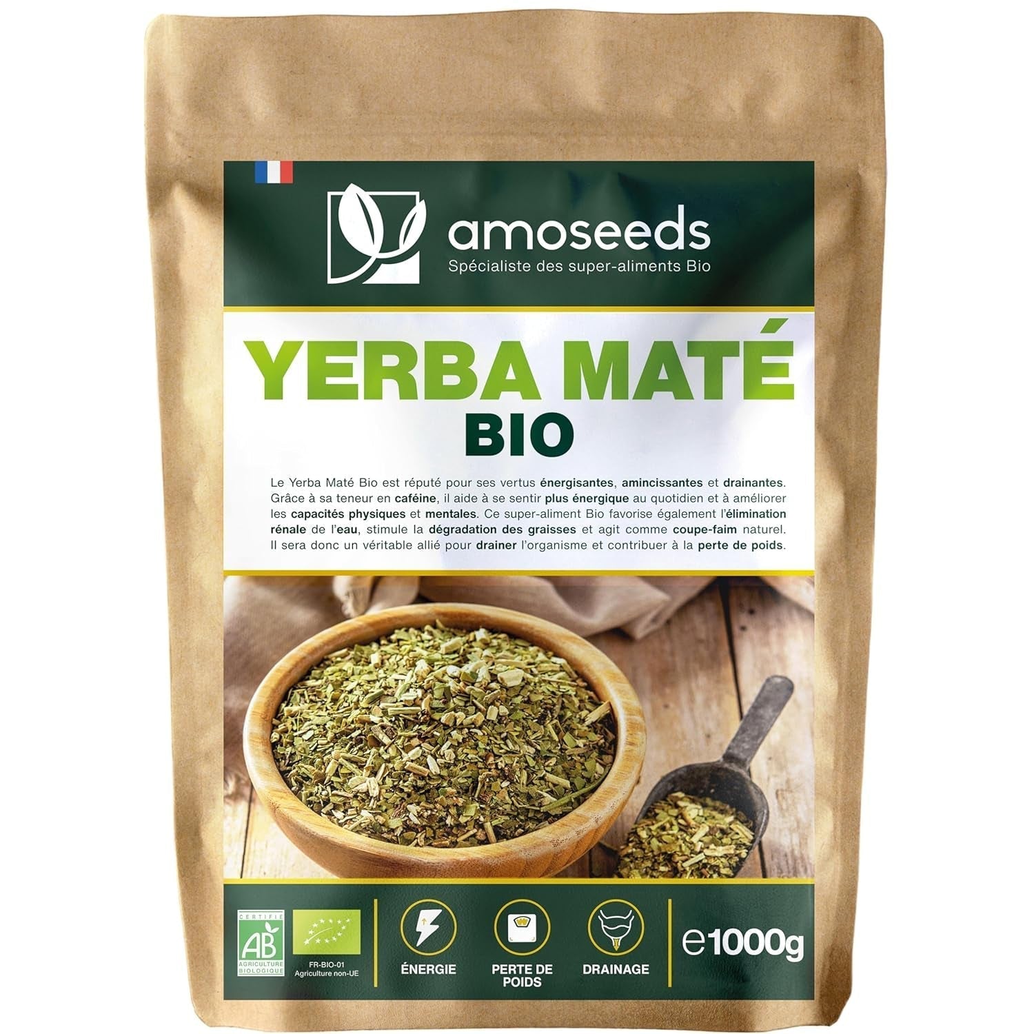 Yerba Maté BIO 1 kg | Zelené maté, neuzené | 100% listy, bez stonků | Energie, alternativa kávy | Prémiová kvalita