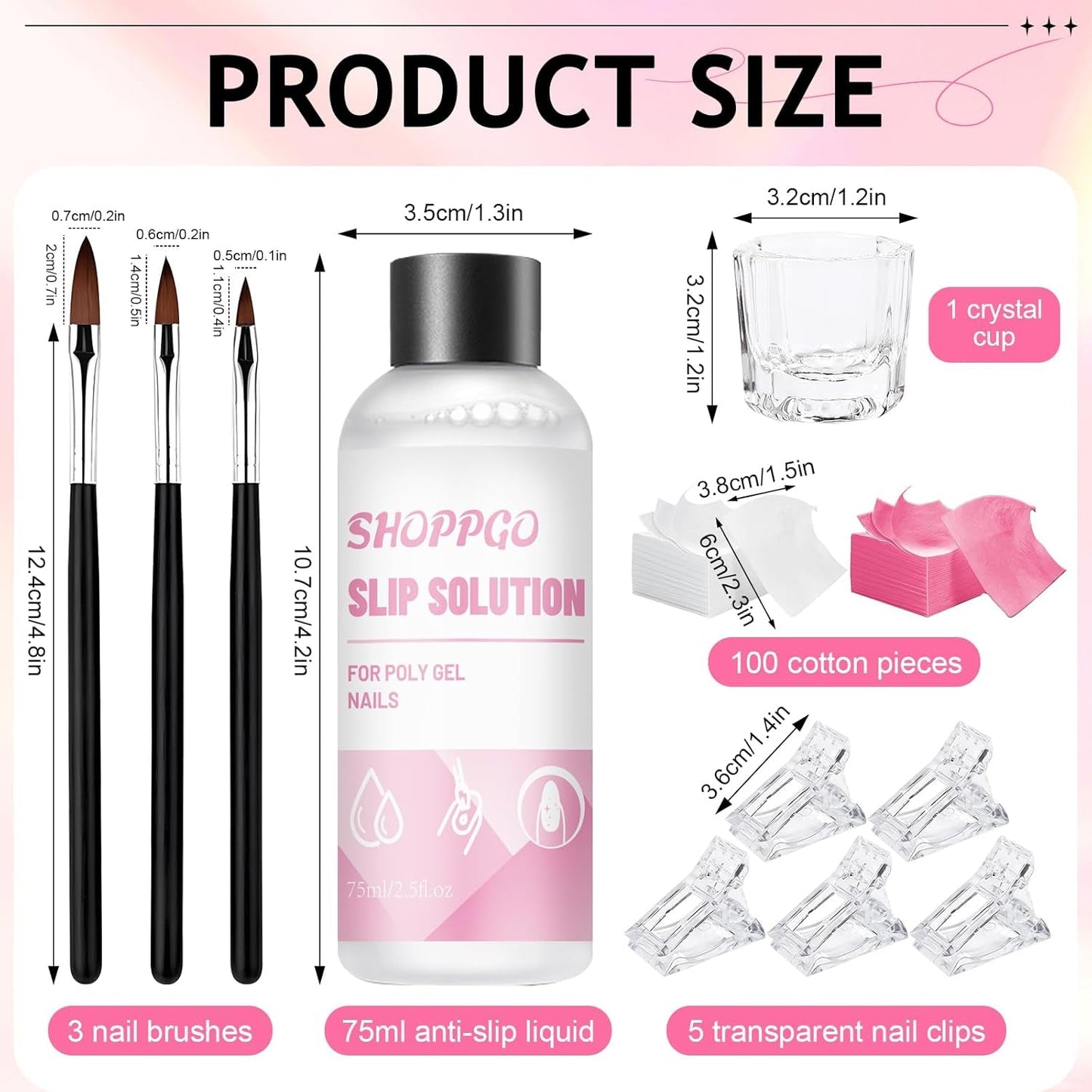 Polygelový roztok na nehty, sada na nehty Poly Gel Slip Solution, tekuté roztoky na nehty Polygel 75 ml, 5 klipů na nehty, 3 kartáčky na nehty, 1 křišťálový kelímek, 100 čisticích listů