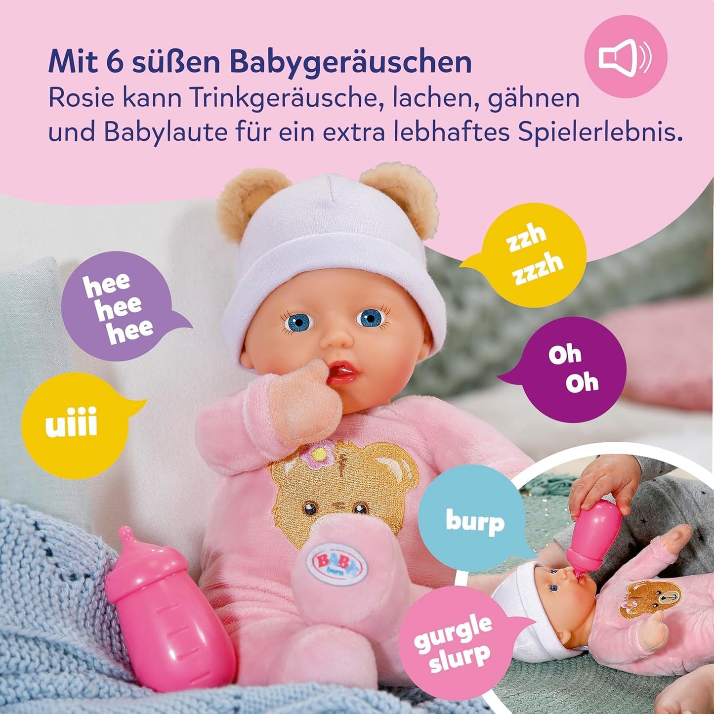 Baby Born Rosie měkká panenka 30 cm se 6 zvuky a lahvičkou, růžová