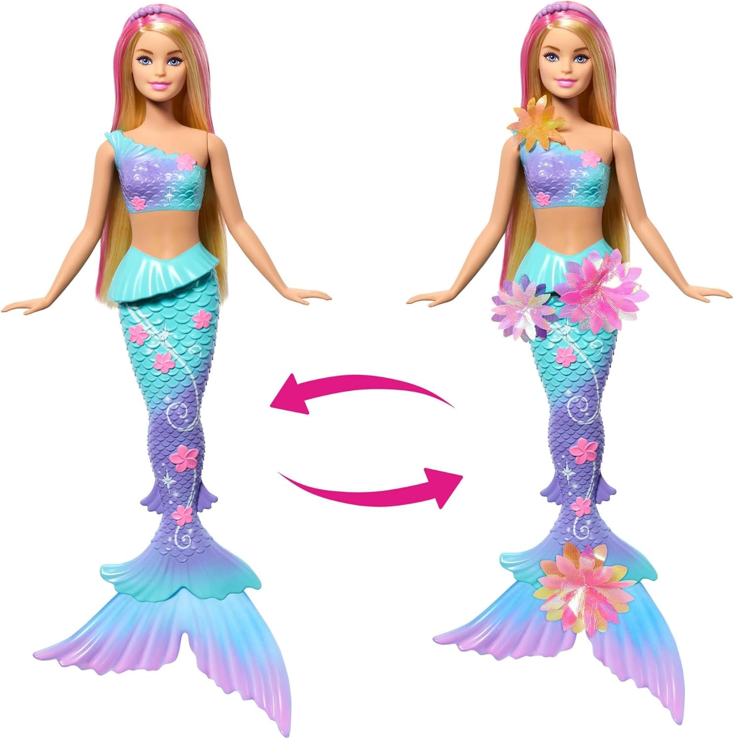 Barbie Meerjungfrauen-Spielzeug Puppe s magischer Überraschungs Blüte, Schwanzflosse mit Farbverlauf, perlenbesetzten Haarreif und langem blonden Haar mit rosa Strehchen, JDM72