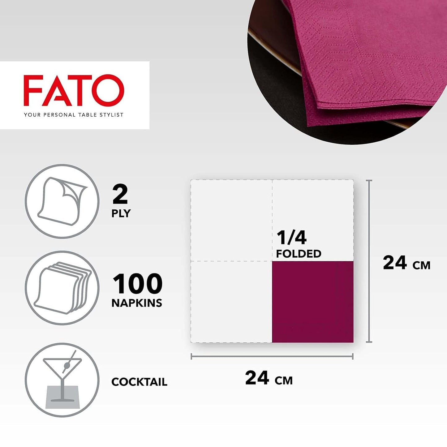 - Jednorázové papírové ubrousky, ideální pro předkrmy a koktejly, balení 100 ubrousků, velikost 24X24, 4 vrstvy, 2 vrstvy, barva Bordeaux, 100% čistý celulózový papír, certifikace Fsc
