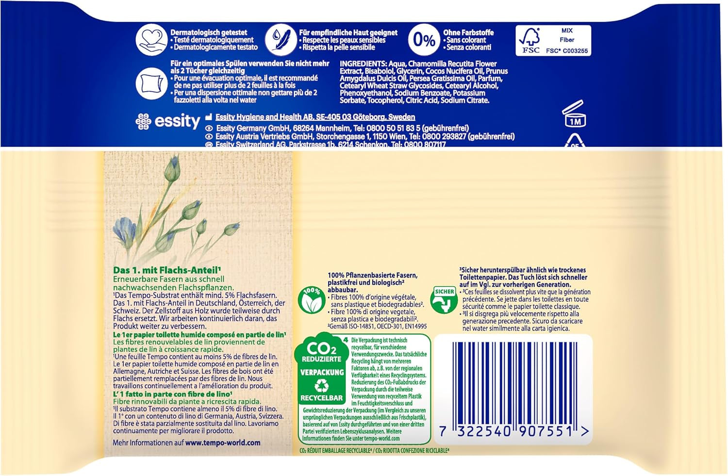 Toaletní ubrousky Tempo "Gentle & Caring" - Megapack - 16 balení po 42 ubrouscích - Duo Packs - s přírodním heřmánkem - toaletní papír, dermatologicky testovaný a neutrální vůči pH pokožky