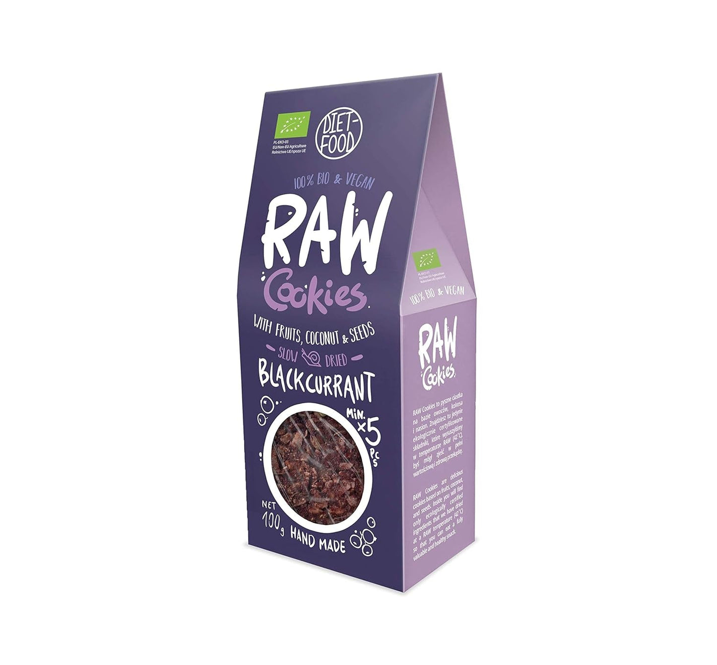 DIETNÍ JÍDLO RAW Bio sušenky z černého rybízu Zdravá svačina Vynikající kancelářské sušenky Bez konzervantů 100 g (1 balení)