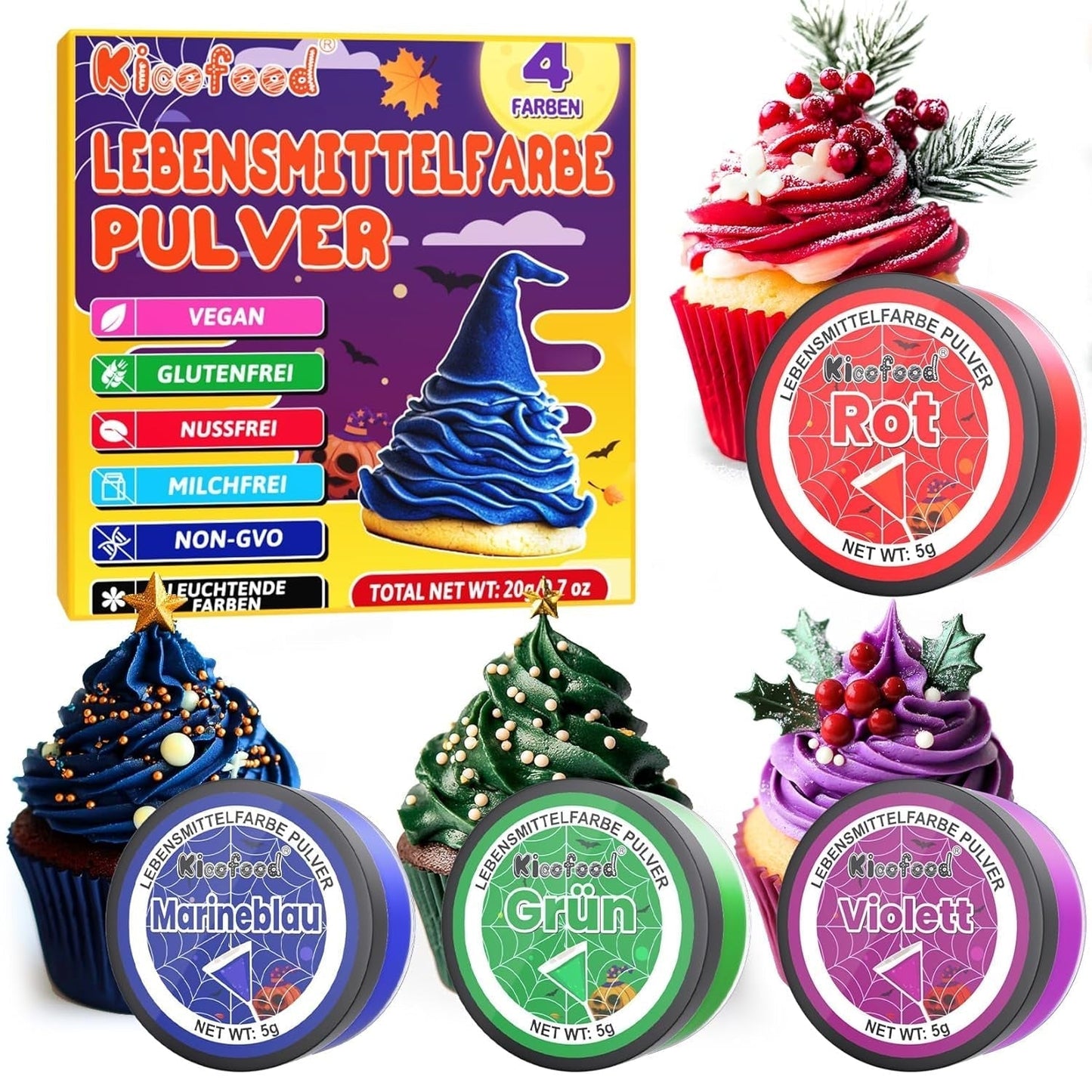 Food Color Powder – 4 Colors Food Color, Koncentrovaná Food Color, Červená Zelená Modrá Purpurová Food Color pro zdobení dortů, pečení, polevu, dezerty, vaření – 5G