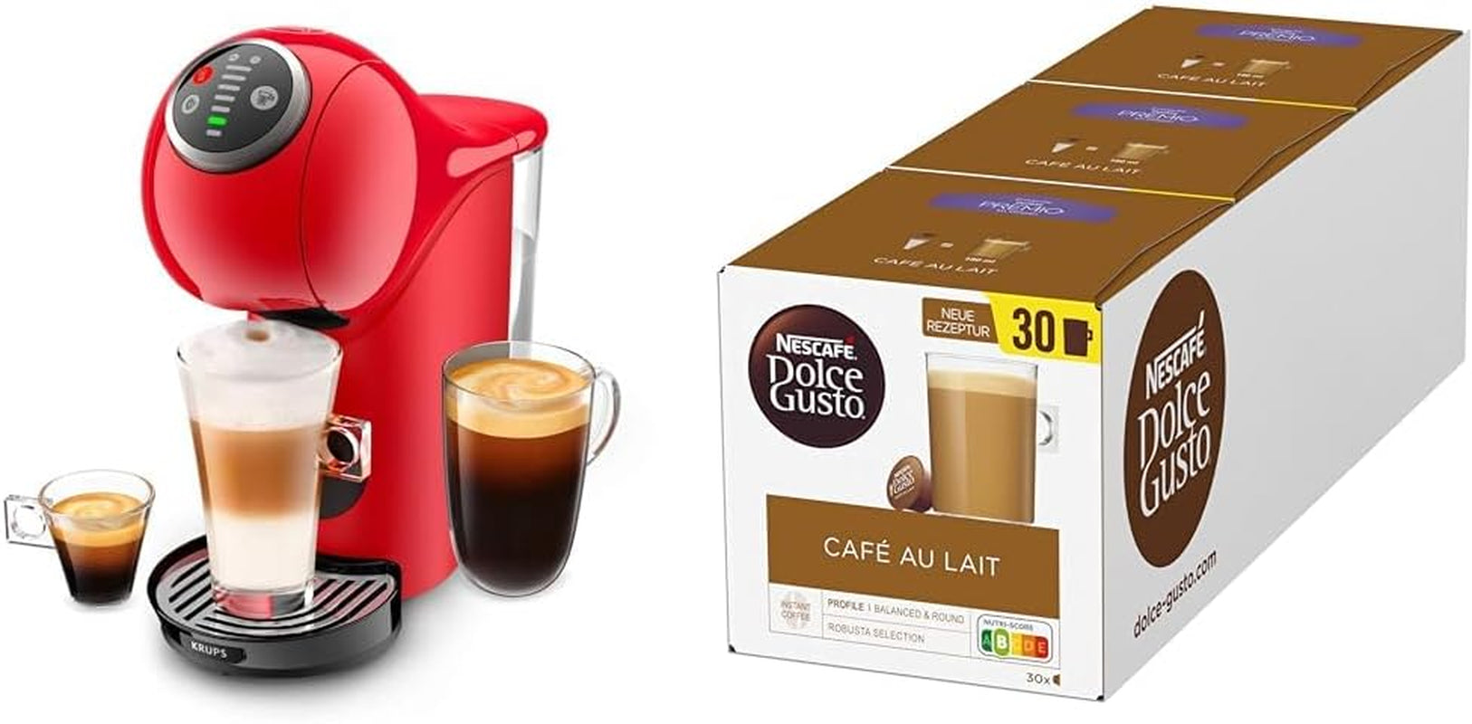 Krups KP3405 NESCAFÉ Dolce Gusto Genio S Plus kávovar na kapsle, espresso Boost, výběr teploty, teplé a studené nápoje, tlak čerpadla 15 barů, nádrž na vodu 0,8 l, 1500 W, barva červená s Café au Lait
