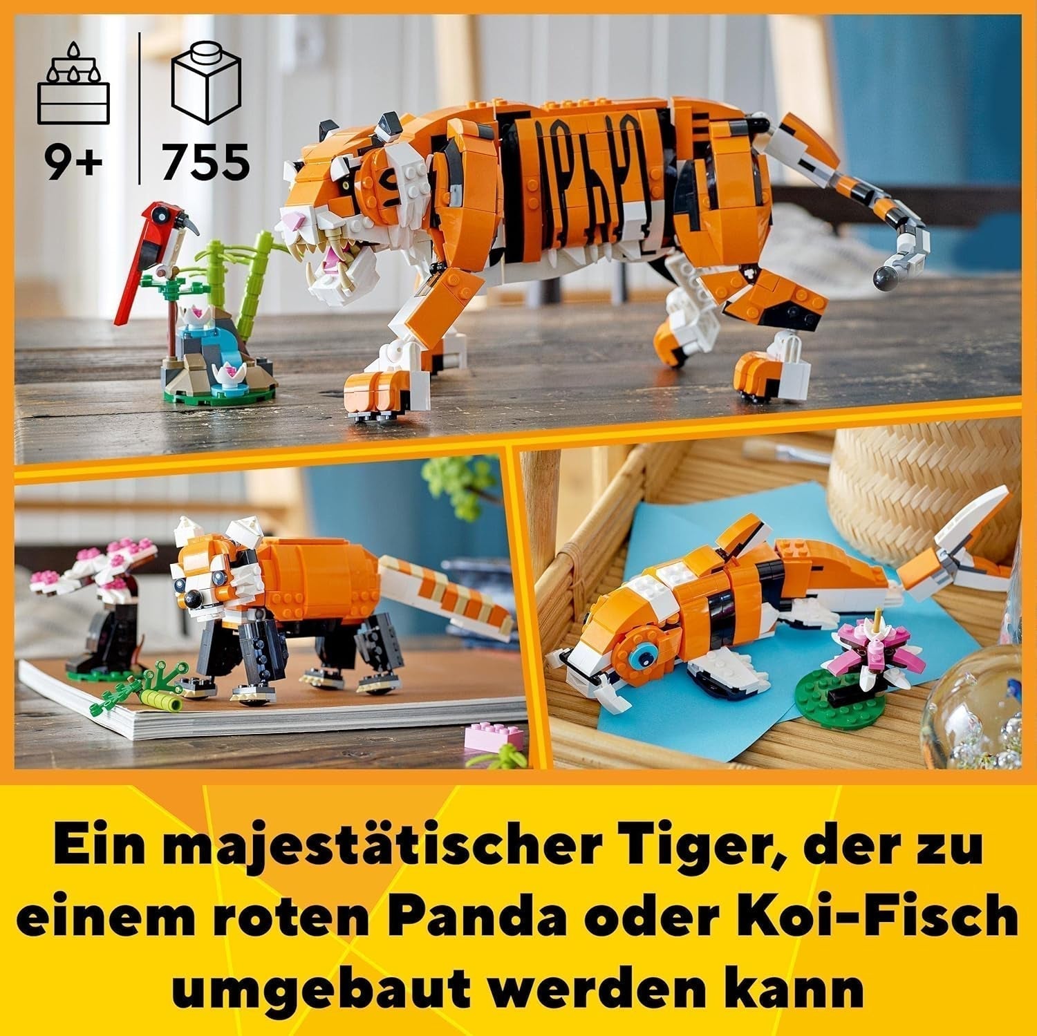 LEGO 31129 Creator Majestátní tygr, panda nebo ryba Sada figurky zvířat 3 v 1 Hračka pro děti Chlapci a dívky Stavebnice zvířat Stavebnice Stavebnice Besuche den LEGO-Store
