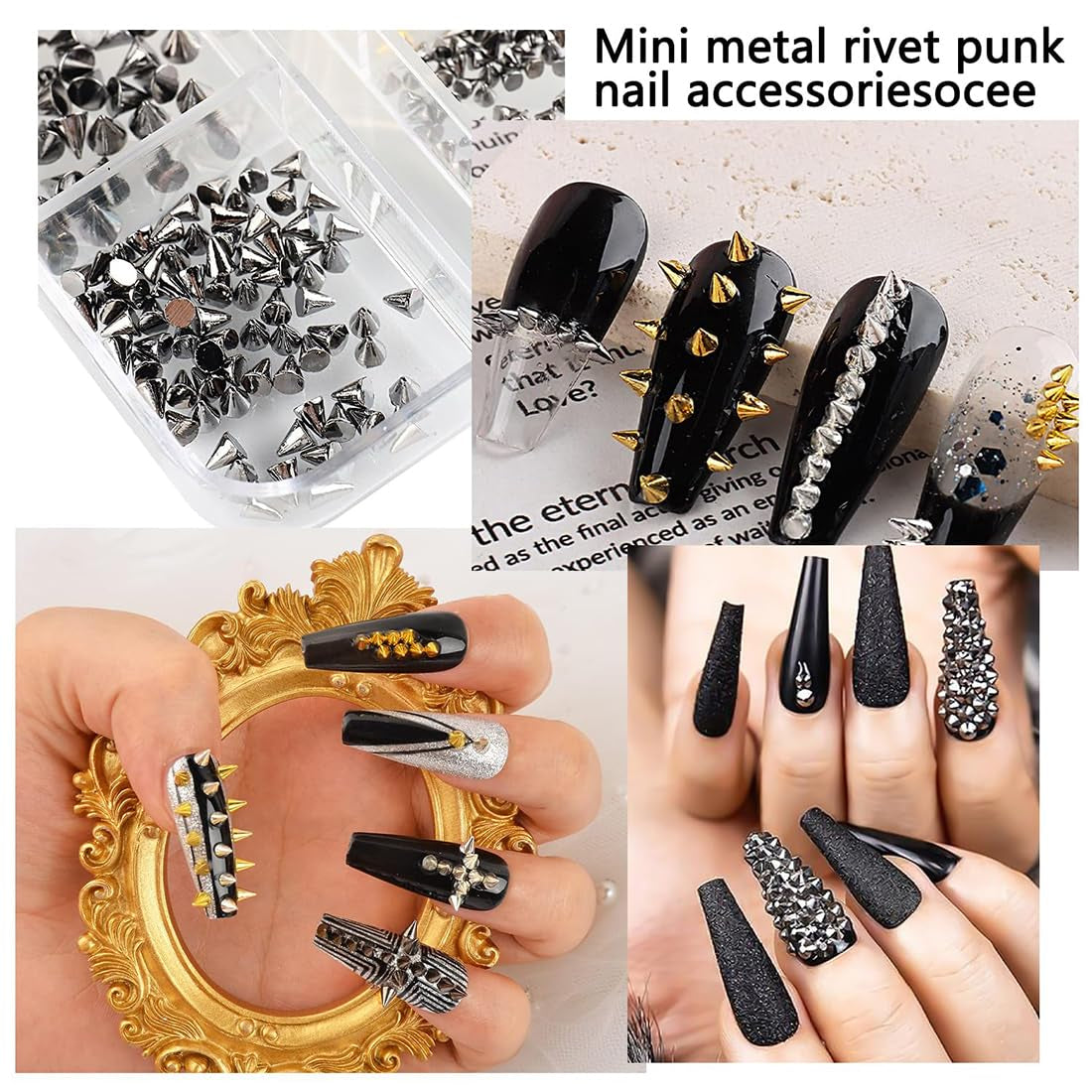 Mini Metall Nieten Punk Přívěsky na nehty Zlatá Stříbrná Strasssteine ​​Nägel Přívěsek Kegel Spikes Nagelschmuck Glitzersteine ​​Study na nehty Nagel Steine ​​​​Legierung Nagelanhänger Kamínky Nageldesign Zubehör