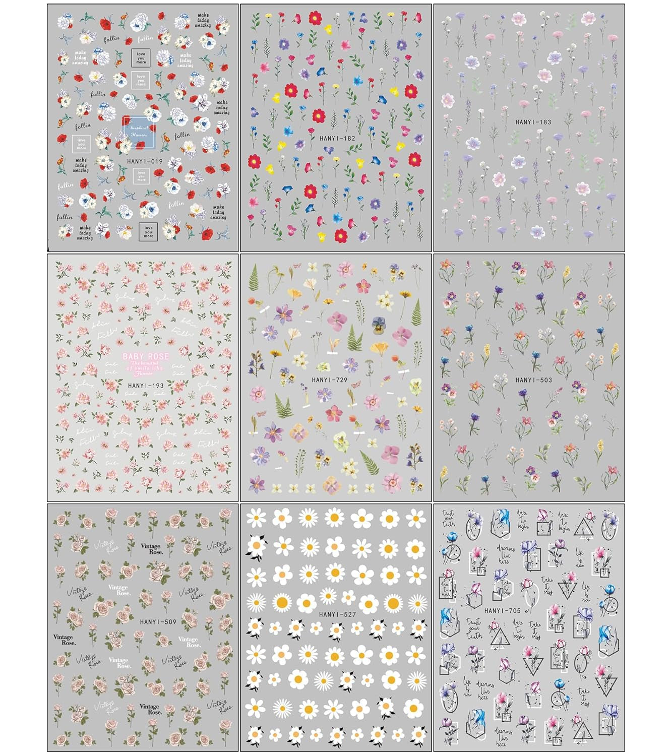 JMEOWIO Nálepka na nehty Frühlings Blume 9 Blatt Nálepka na nehty Selbtklebend Nagelaufkleber Bunte Sommer Blumen Dekoration Nageldesign Zubehör