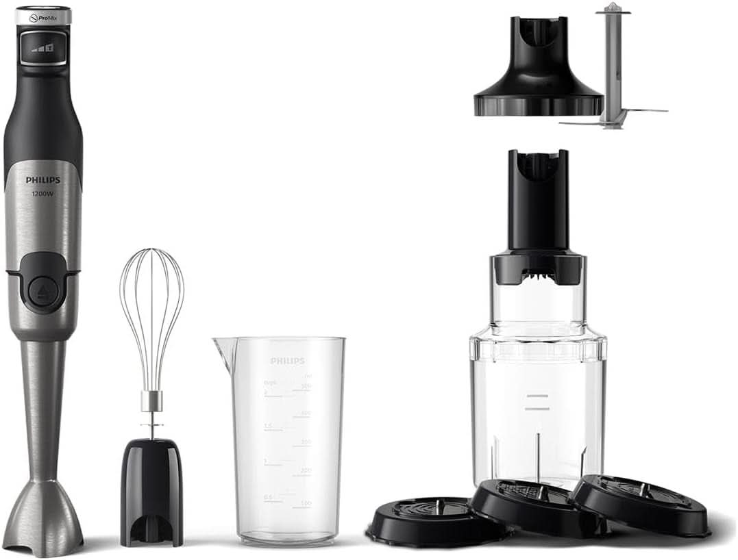 Stabmixér Philips řady 5000 - 1200W Leistung. Technologie Promix. Vedl Geschwindigkeitsanzeiger. Stufenlose Geschwindigkeitseinstellung. Kompaktní design. Leicht Zu Reinigen. Schwarz (HR2681/00) Kitchen Naty Shop + Schneebesen, Spiralizer, Xl-Zerkleinerer