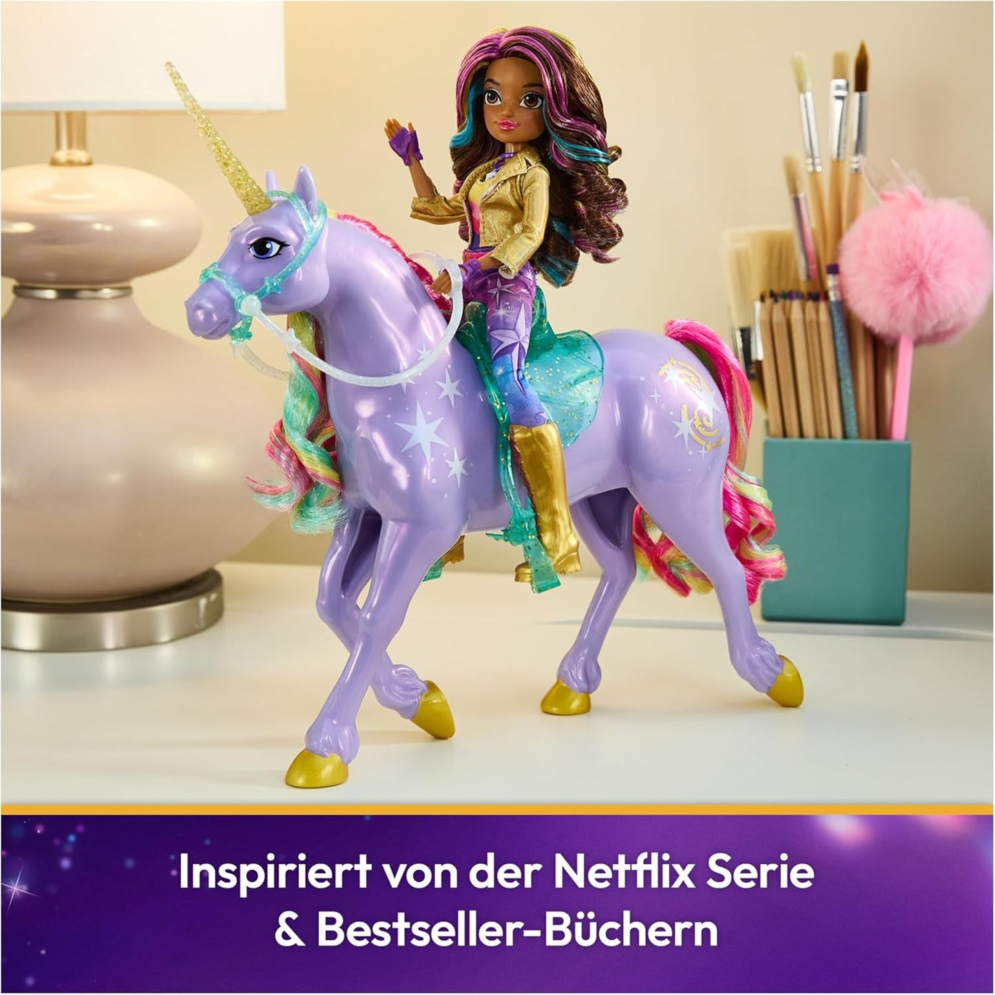 Wildstar Unicorn od Unicorn Academy – 28 cm vysoký originální jednorožec Sophia ze série Netflix se skutečnou hřívou a ocasem, odnímatelnou uzdou a sedlem a kartáčem, pro děti od 4 let