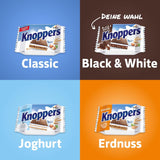 White and Black Knoppers – 8 x 25g – Oplatkové plátky plněné tmavými kakaovými oplatkami, kousky černých sušenek, mlékem a nugátovým krémem