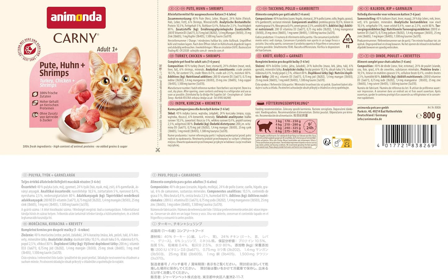 Animonda Carny mokré krmivo pro kočky krůta + kuře + krevety (6 x 800 g), mokré krmivo bez obilovin a cukru s čerstvými masovými přísadami