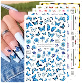 JMEOWIO Nagelsticker Schmetterling 8 Blätter Nagelaufkleber Selbtklebend Blau Schwarz Gold Schmetterling Nail Art Dekoration Nagel Design Zubehör