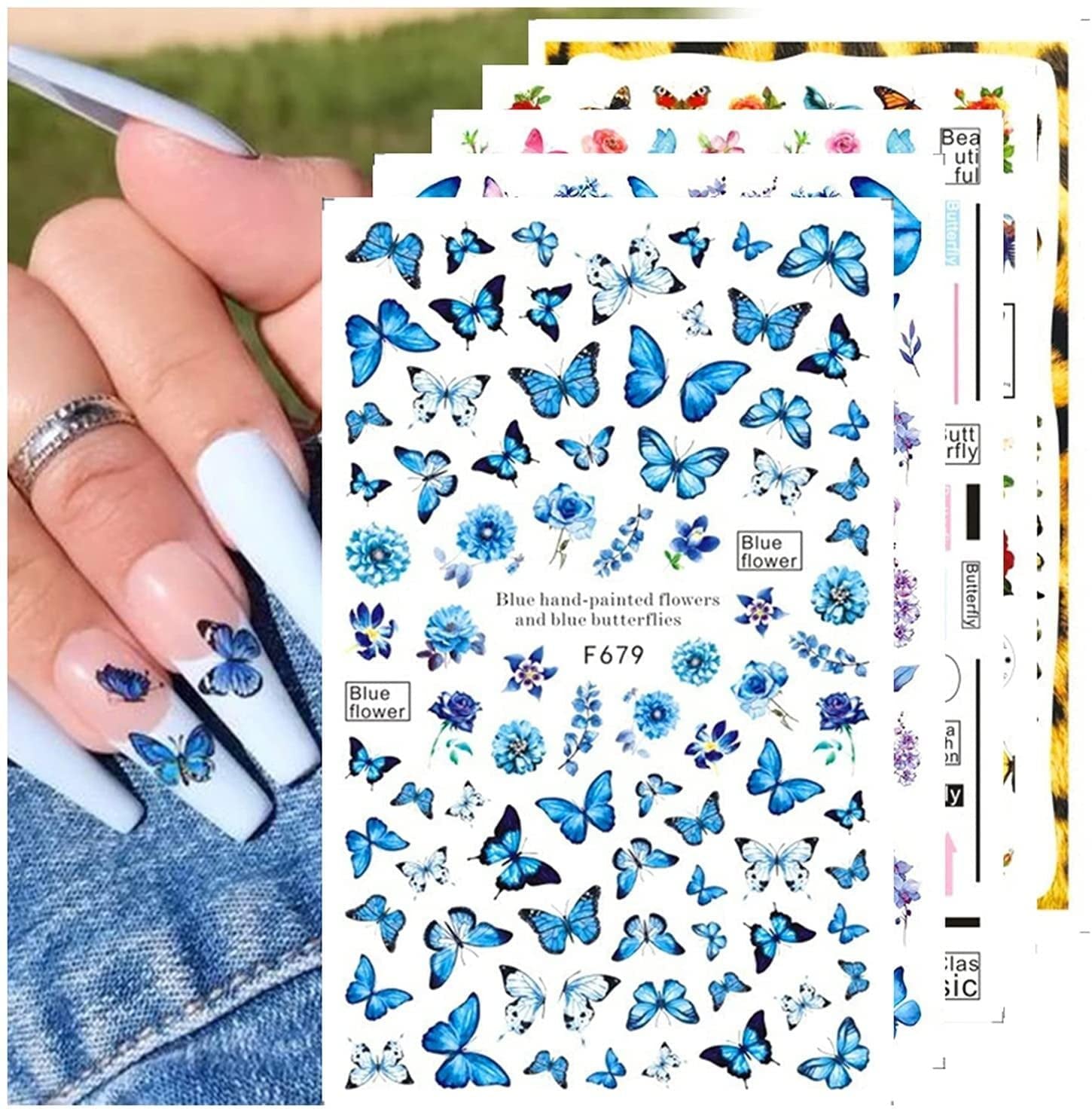 JMEOWIO Nagelsticker Schmetterling 8 Blätter Nagelaufkleber Selbtklebend Blau Schwarz Gold Schmetterling Nail Art Dekoration Nagel Design Zubehör