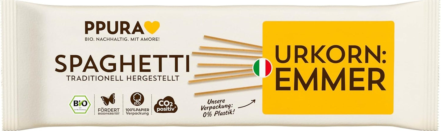 PPURA Bio špagety s Emmerem 500g, 100% přírodní emmer špagety, vyrobené v Itálii - italské těstoviny bez přísad, barviv a konzervantů