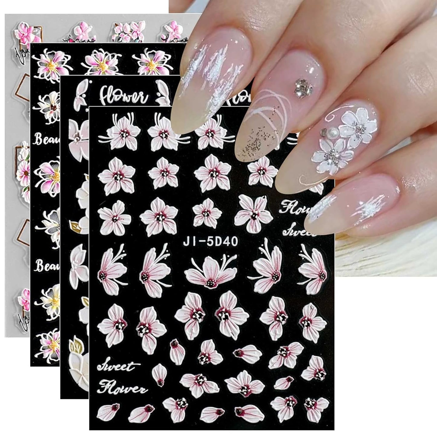 JMEOWIO 3D Nálepka na nehty Frühling Blume Nálepka na nehty Selbstklebend Nagelaufkleber 5D Stereoskopisch Buntes Letní Blumen Dekorace Nageldesign Zubehör 4 Blatt