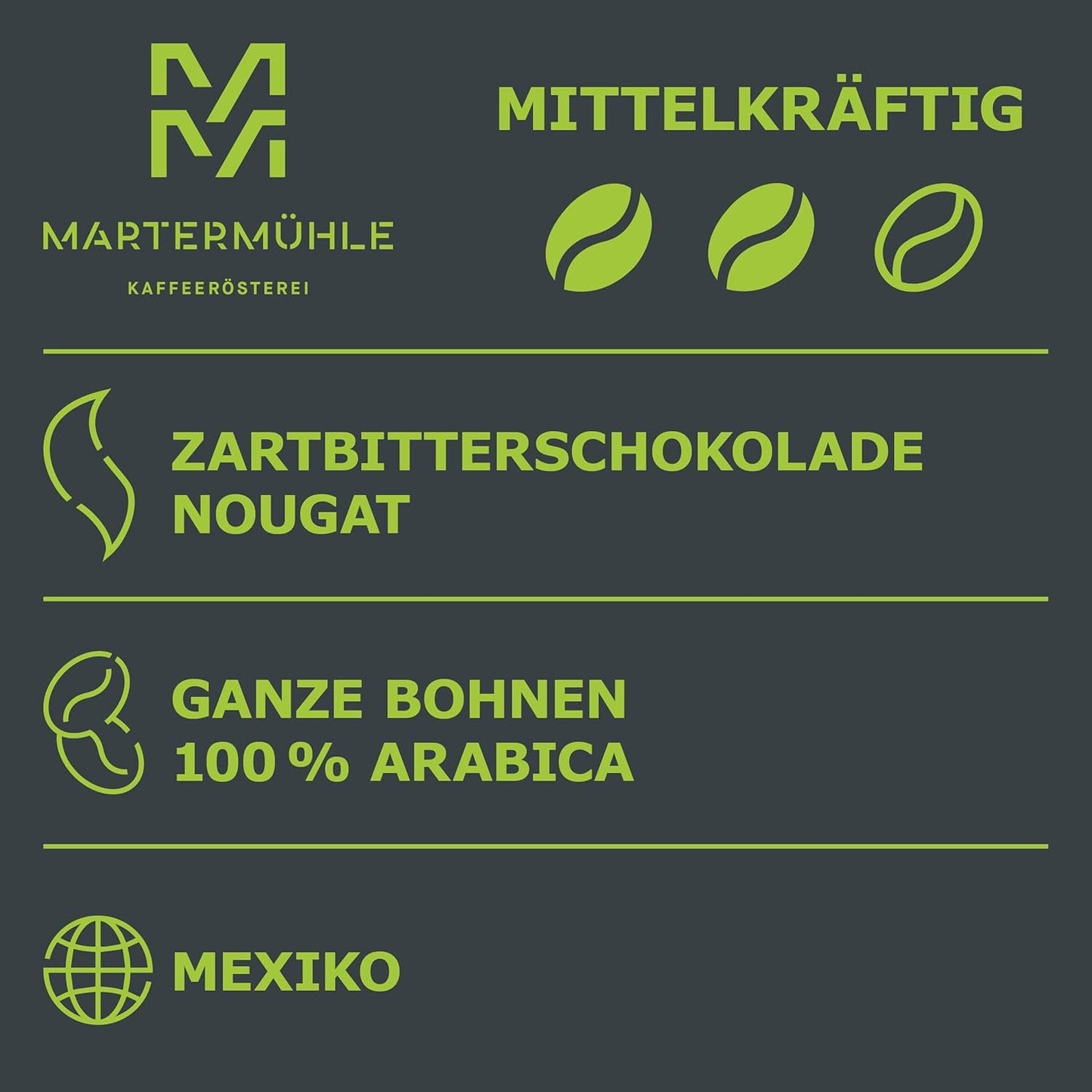 Martermühle Mexiko Bio Espressobohnen entkoffeiniert 1kg mittelkräftig I Arabica I Příchuť: Nugát, Zartbitterschokolade I Ganze Bio Espresso-Bohnen schonend geröstet, säurearm