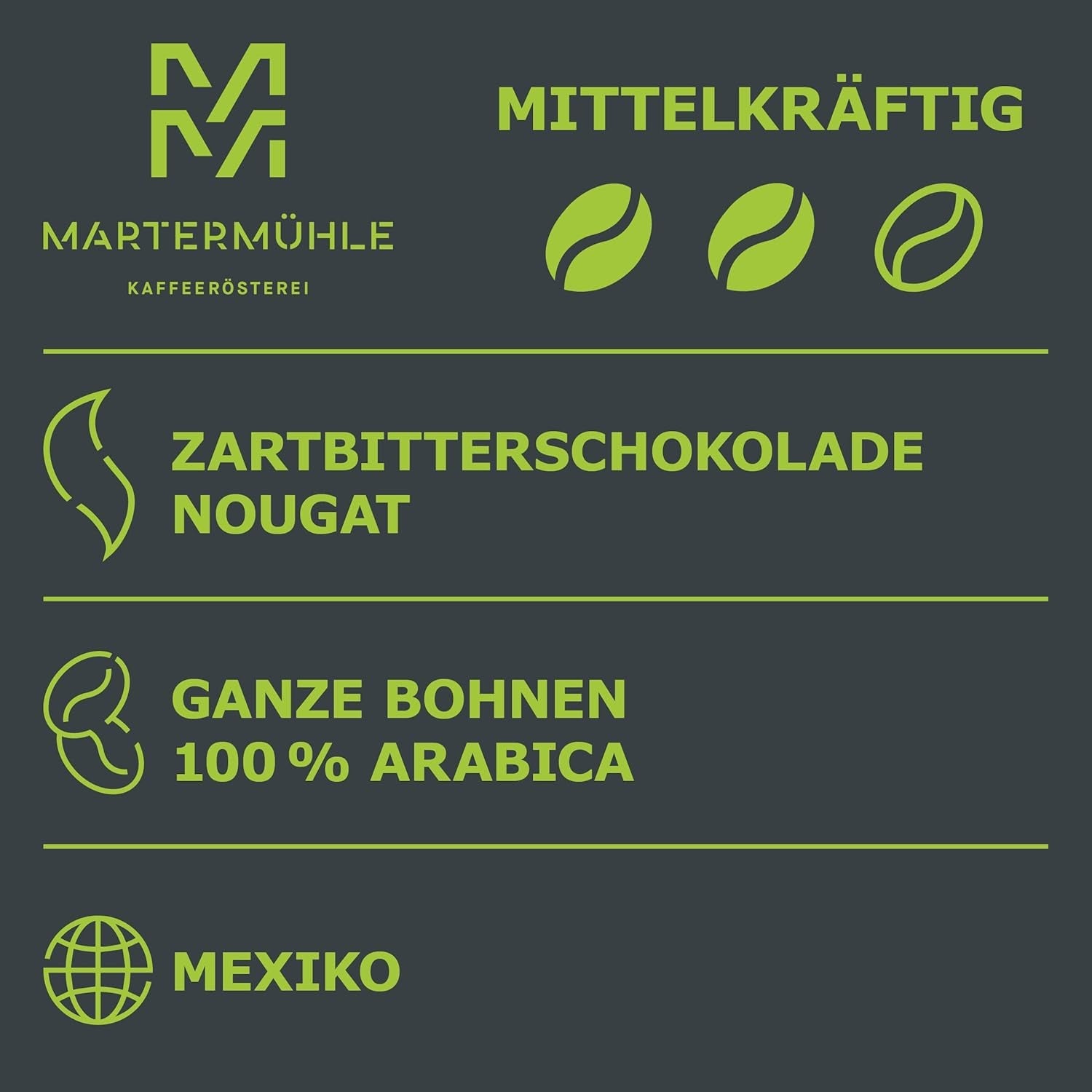 Martermühle Mexiko Bio Espressobohnen entkoffeiniert 1kg mittelkräftig I Arabica I Příchuť: Nugát, Zartbitterschokolade I Ganze Bio Espresso-Bohnen schonend geröstet, säurearm