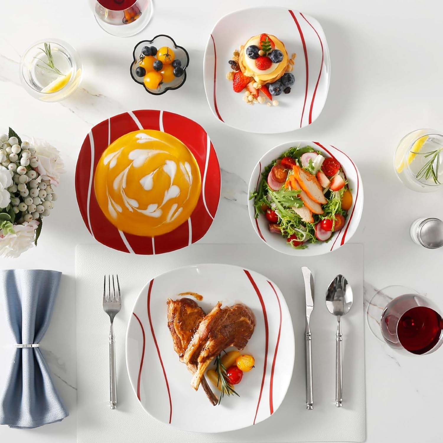 Sada nádobí MALACASA pro 6 kusů, sada porcelánového nádobí Felisa 24 kusů, moderní sada nádobí se 6 talíři, dezertními talíři, talíři a miskami Suma, ideální pro Vánoce a každodenní použití