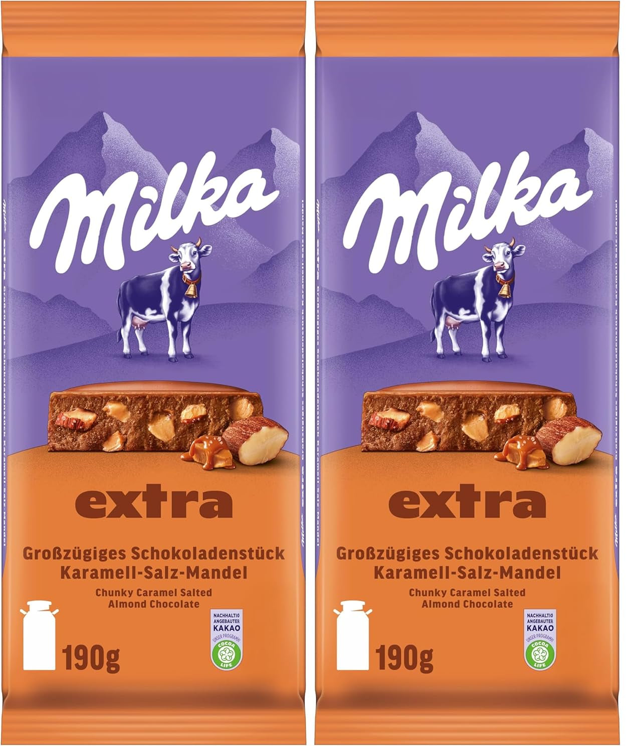 Milka Extra Caramel Salt Almond - Čokoláda z alpského mléka s kousky karamelu, mandlí a špetkou soli - 190g