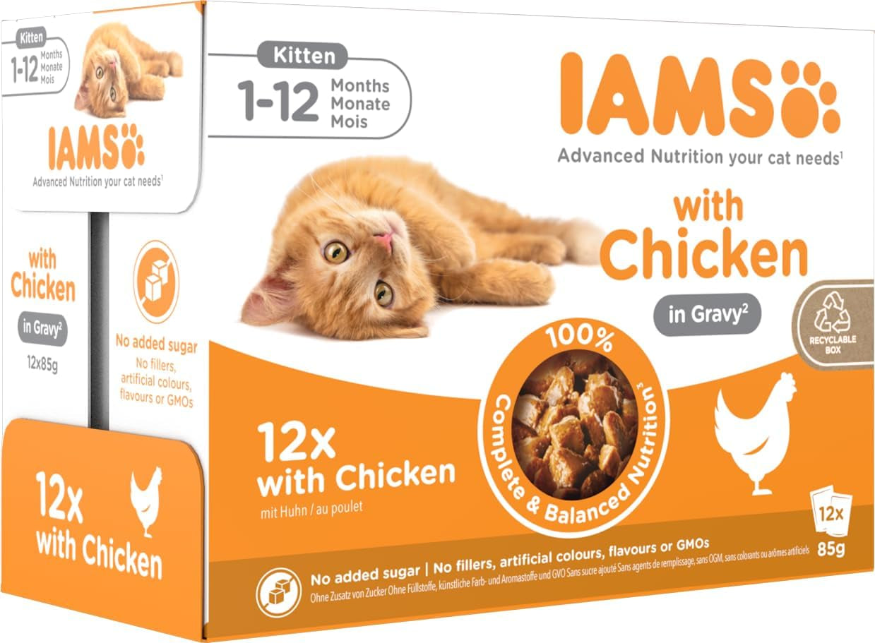 IAMS Delights Kitten Nassfutter - Multipack Katzenfutter mit Hunn in Sauce, vysoce kvalitní Futter für Junior Kätzchen von 1-12 Monate, 12 x 85 g