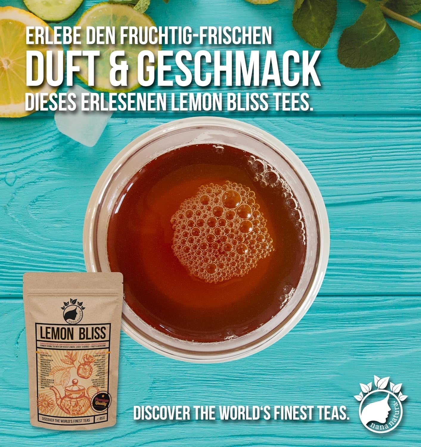 Nananatura Original LEMON BLISS TEA 85G | Ovocný a osvěžující letní bylinkový čaj | Jako studený čaj, ledový čaj nebo klasický horký | S květy, listy a na slunci vyzrálými bobulemi | Žádný cukr