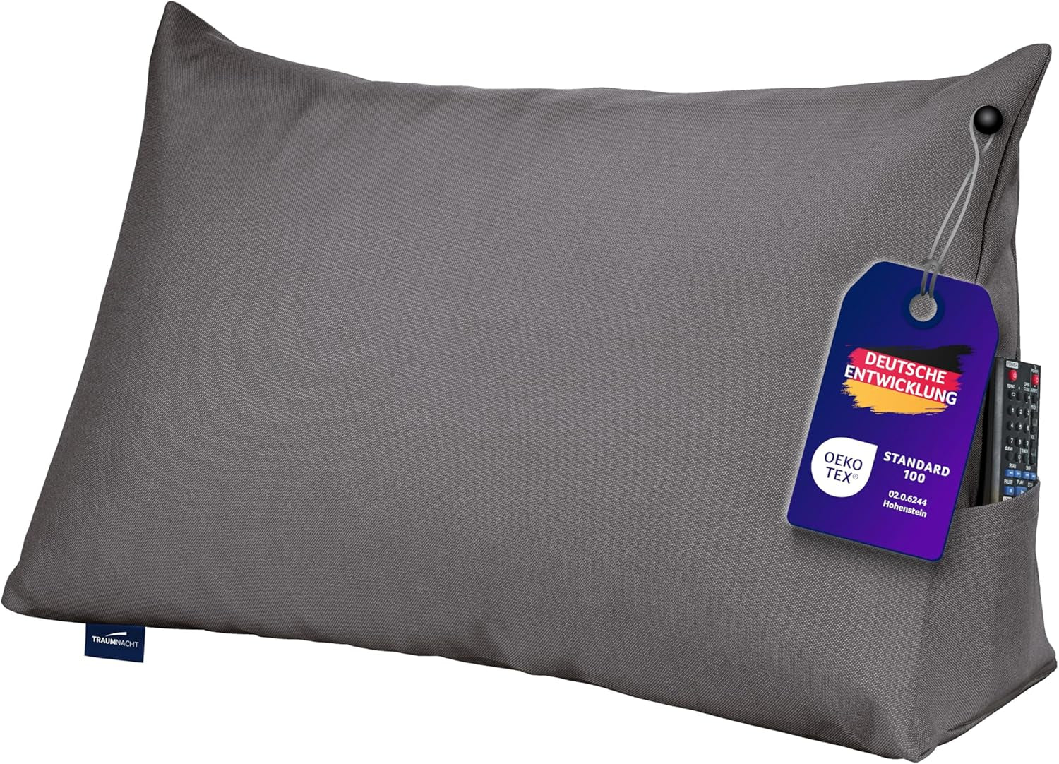 Polštář na čtení Traumnacht Cozy Back Cushion, 70 x 40 cm tmavě šedý, snímatelný a pratelný potah ze 100% polyesteru, praktická boční kapsa, certifikováno Oeko-Tex, vyrobeno podle německých norem kvality