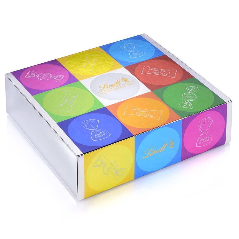 Čokoládový sortiment (37 kuliček LINDOR, 24 Hello Mini tyčinek, 10 Mini Fioretto), čokoládový dárek (1 x 815 g) a HELLO Mini Emoti, mléčná čokoláda v 5 designech emotikonů, 164 g