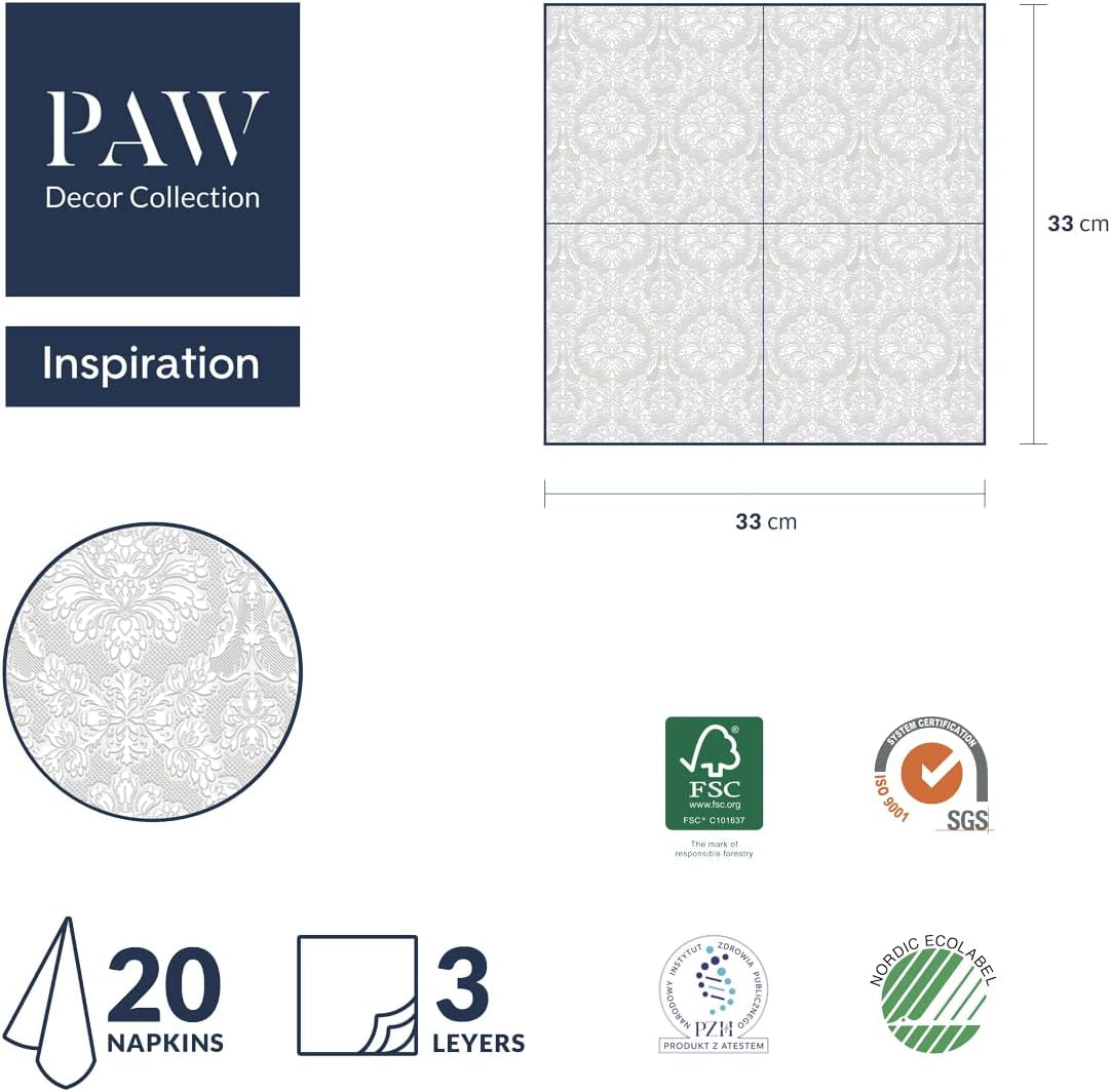 PAW - 3vrstvé ubrousky (33 X 33 cm) I 20 kusů I Ideální pro narozeniny, večírky, svatby, přijímání a svátky I Barevné papírové ubrousky - zvláštní příležitosti, ozdoby I Inspirace Classic (zlatá)