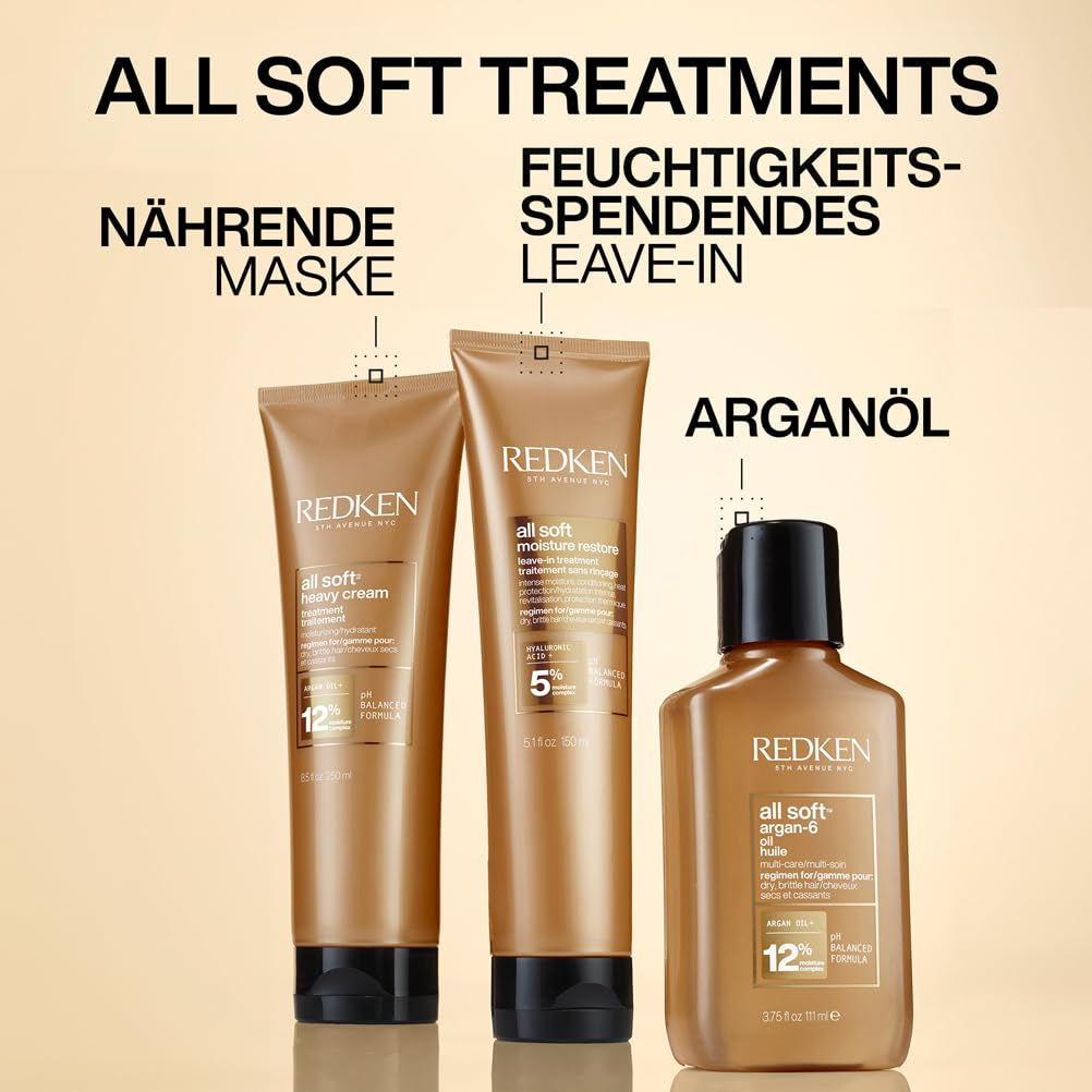 Redken vlasová maska s kyselinou hyaluronovou pro suché vlasy, proti krepatění a tepelná ochrana až do 230°C, All Soft Moisture Restore bezoplachová maska, 1 x 150 ml Naty Shop vlasová maska