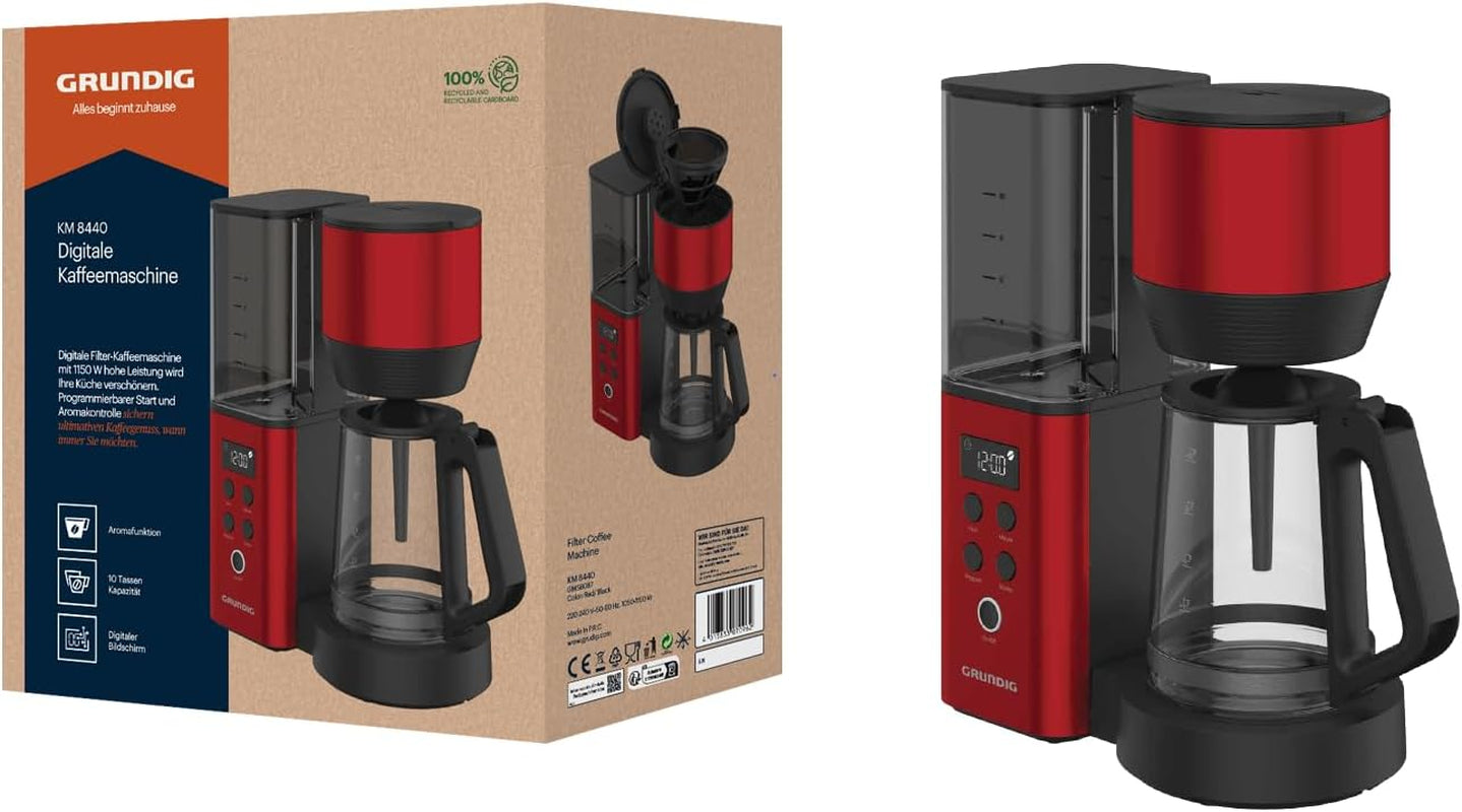 Digitální espresso kávovar s filtrem GRUNDIG KM8440, červený, 1000 W, 1,25 litru