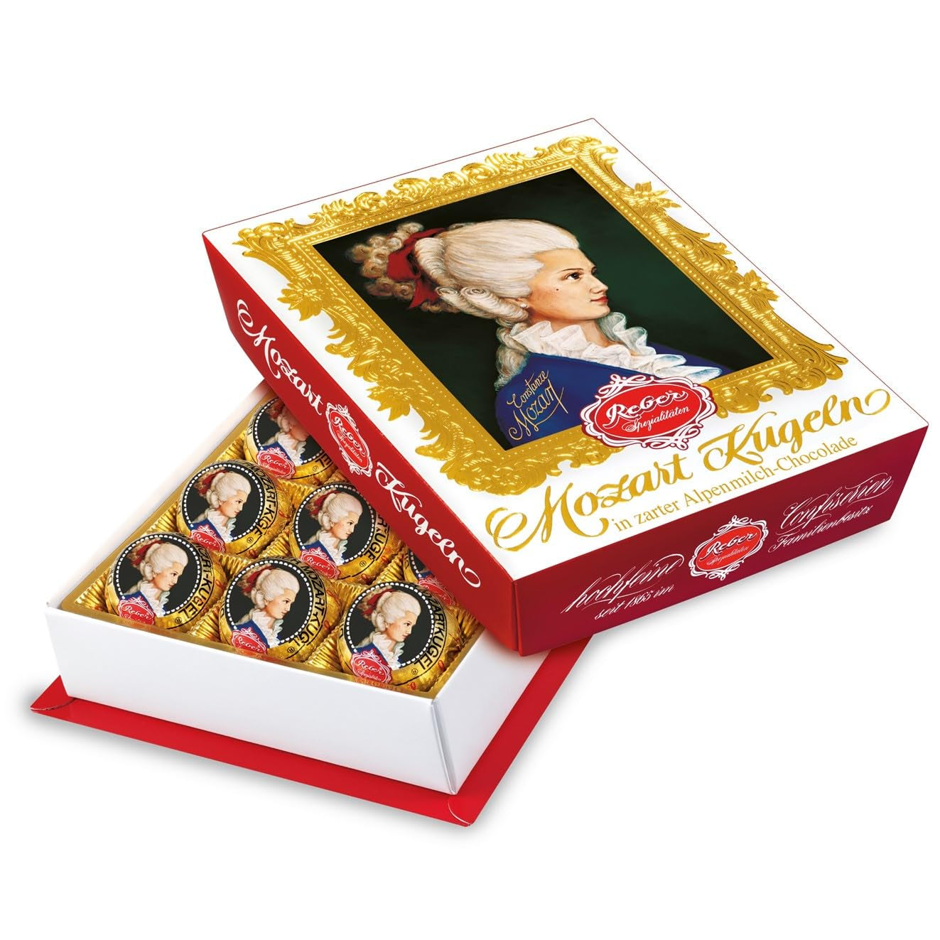 Reber Mozart kuličky s hořkou čokoládou, balení 6 ks s marcipánem a nugátem, veganské - 1 x 120 g