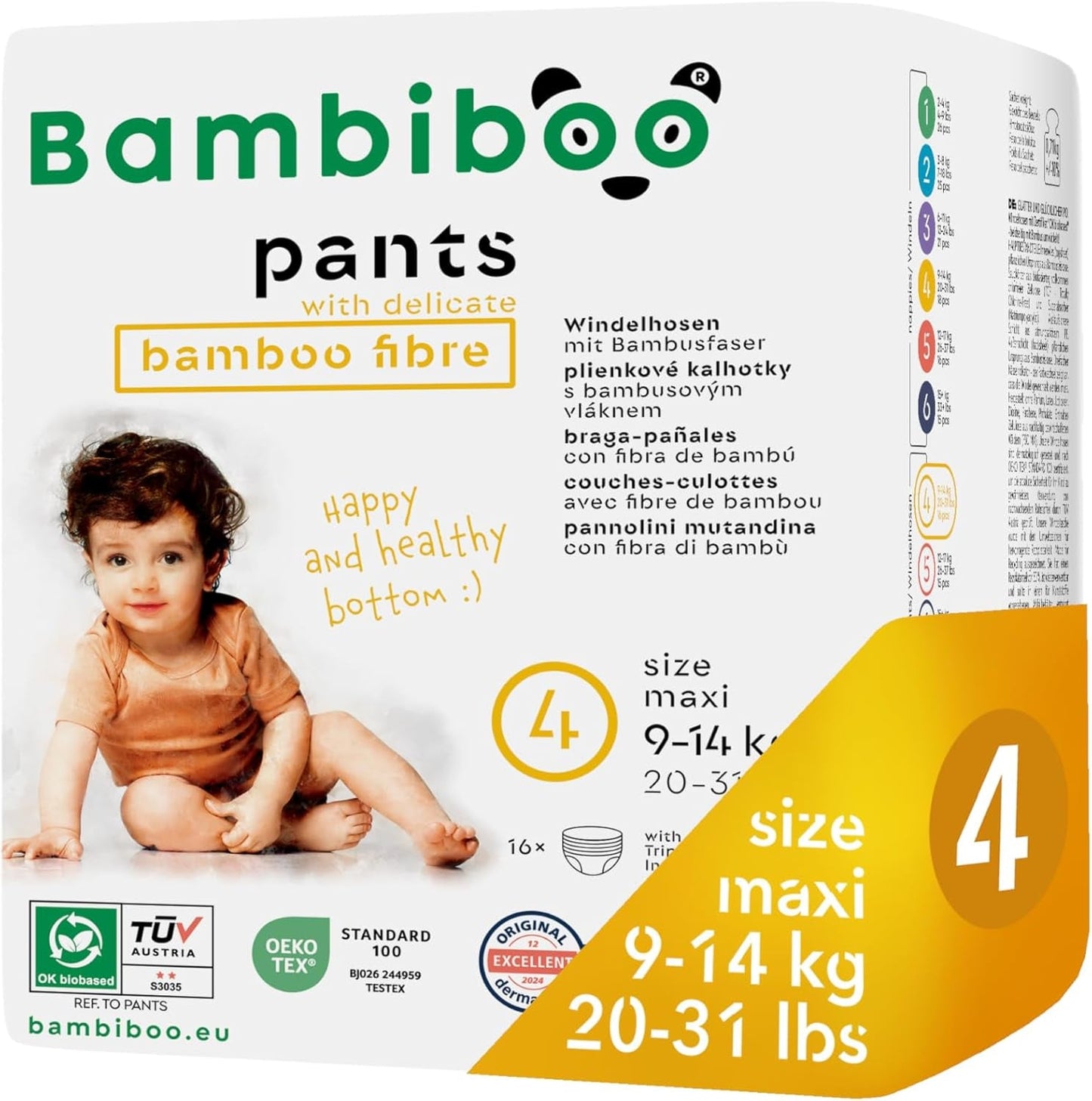 Bambiboo jednorázové plenky, šetrné k pokožce, jemné bambusové vlákno - dětské plenkové kalhotky - jednorázové plenkové návleky - ochrana citlivé pokožky - vysoce savé - velikost 4 (Maxi), 16 kusů