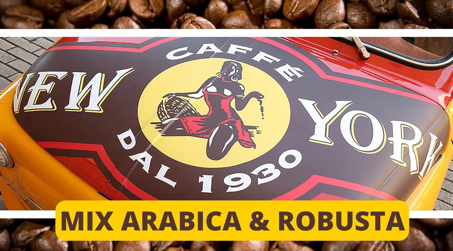 New York Coffee - EXTRA P - Kávová zrna, silná a rozhodná chuť, zrna Arabica a Robusta, k mletí, italské espresso, tyčinková směs - prémiová kvalita od roku 1930 - 1 kg, zrnka