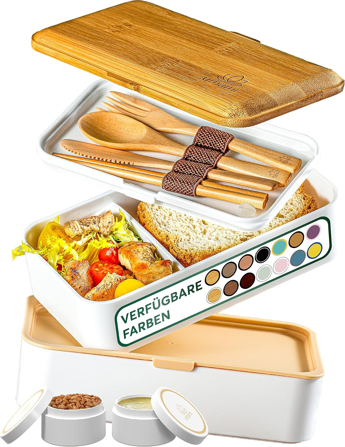 Umami Lunch Box pro dospělé, Netěsný stohovatelný Bento Box se 4 příbory a přihrádkami, Box na oběd pro dospělé, To-Go Zásobník na salát, Piknik / Kancelář Lunch Box, Charcoal Grey, 1500 ml
