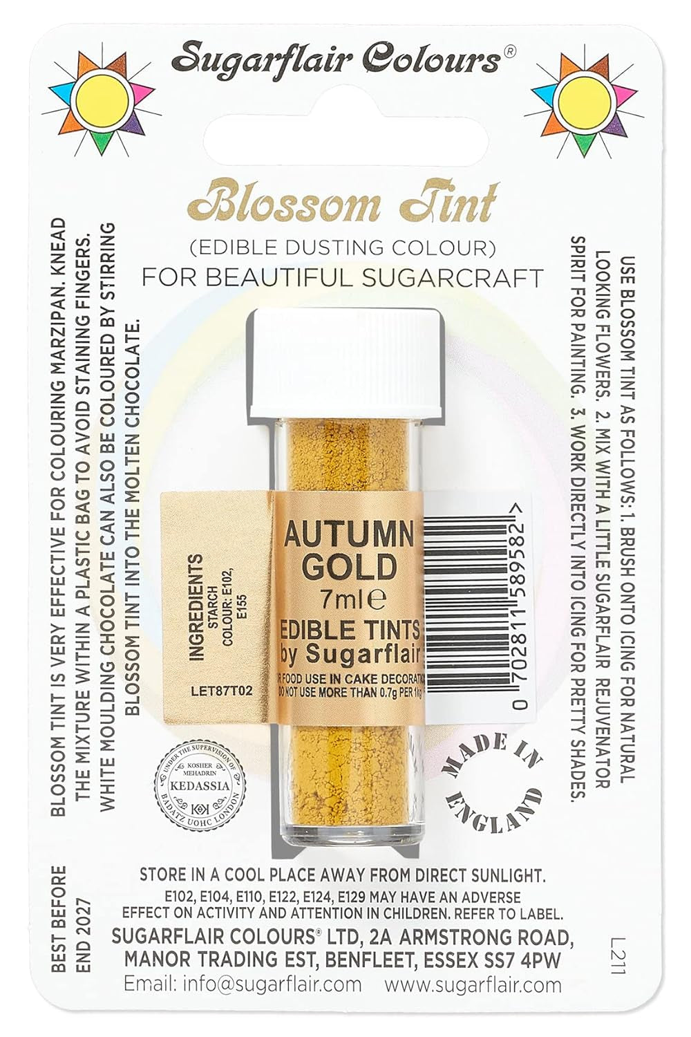 Sugarflair Blossom Tint Dust Food Coloring Powder Autumn Gold - Food Coloring Powder for Decorations Barevná cukrová pasta, fondán, poleva, čokoláda, máslový krém, makronky - 7 ml