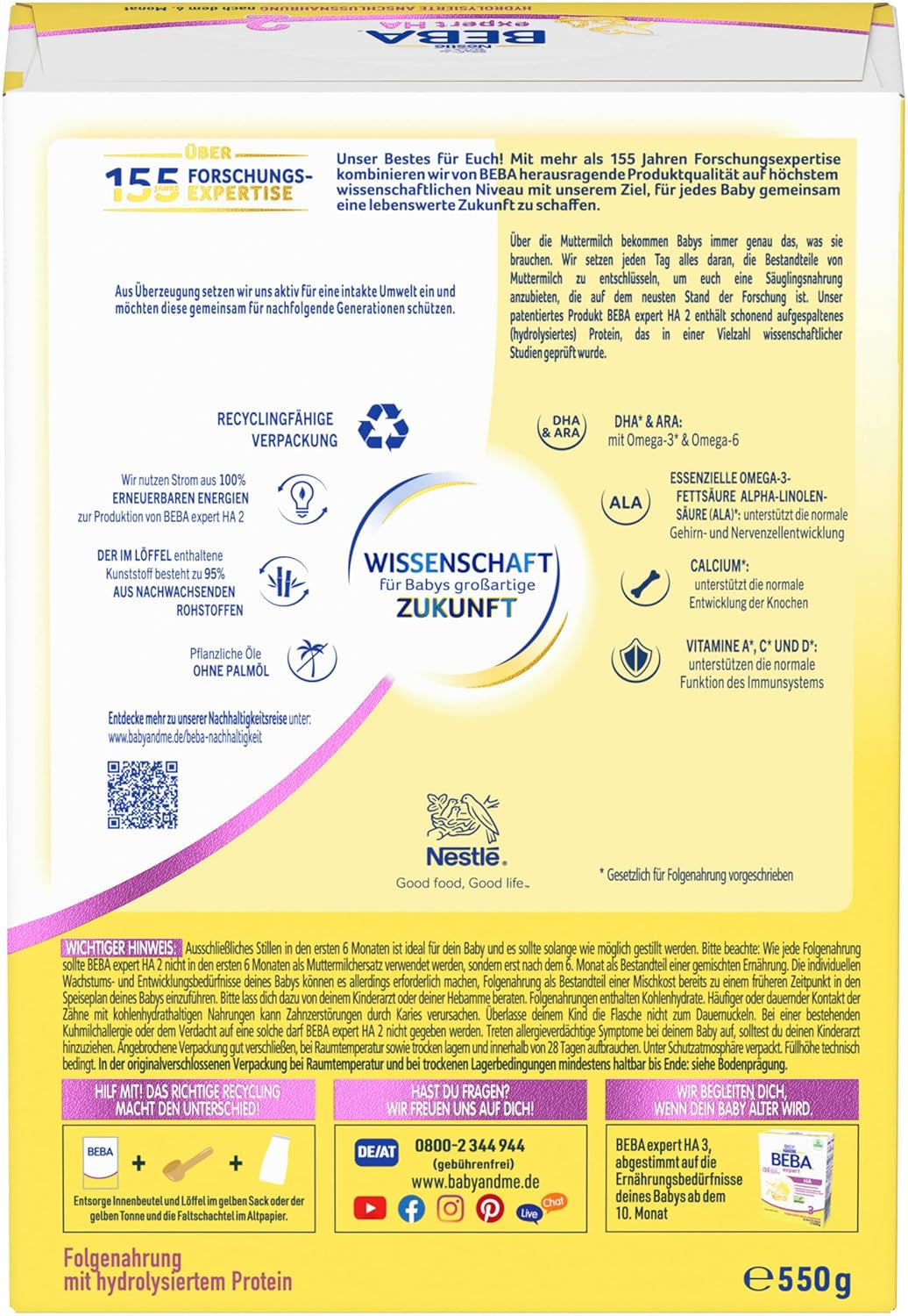 BEBA Expert HA 2 Pokračovací mléko po 6 měsících, kojenecká výživa s hydrolyzovanou bílkovinou, pouze laktóza, bez palmového oleje, balení 6 ks (6 x 550 g) Naty Shop