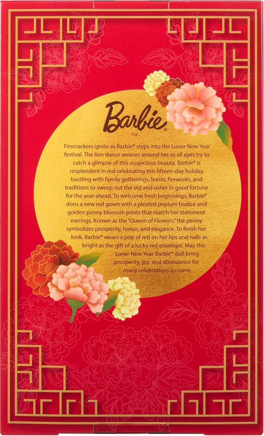 Panenka Barbie Signature Lunar New Year v červených šatech s hračkou kolekce Zlaté pivoňky JJX83