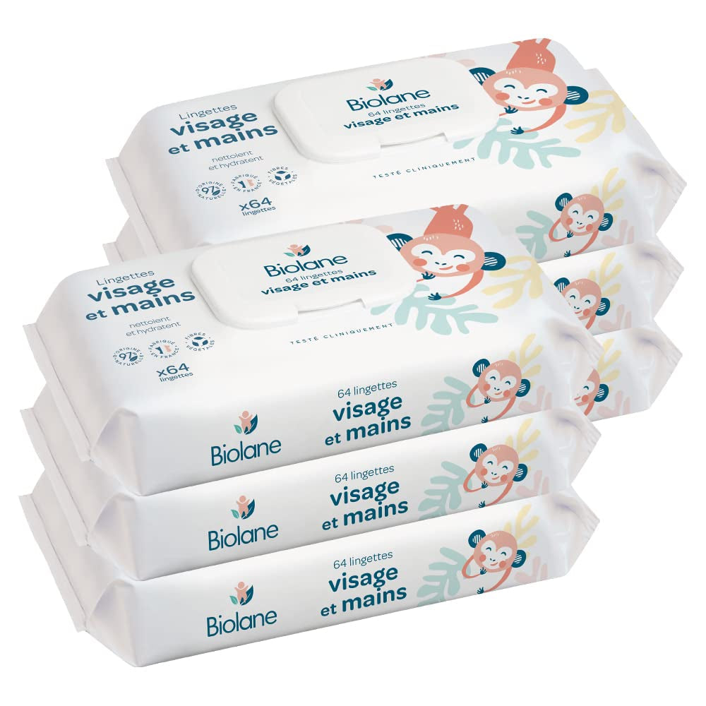 BIOLANE - Dětské vlhčené ubrousky na obličej a ruce - Balení 6 - 384 ubrousků (6 x 64 cm) - Čistí a chrání - Toaletní potřeby - Hypoalergenní - Pro citlivou pokožku - 97 % přírodních složek - Vyrobeno