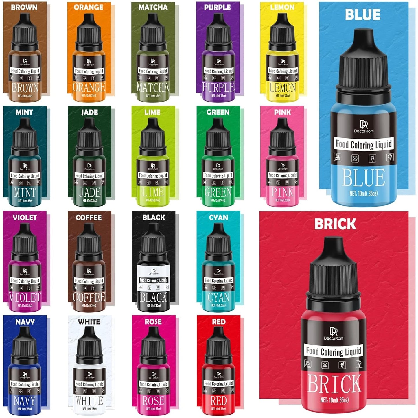 Potravinářské barvivo - 20 barev x 10 ml koncentrované tekuté potravinářské barvivo na zdobení dortů, pečení, sušenek, makaronů - Potravinářské barvivo bez cukru na nápoje, zdobení dortů, kutilský sliz, velikonoční vajíčka