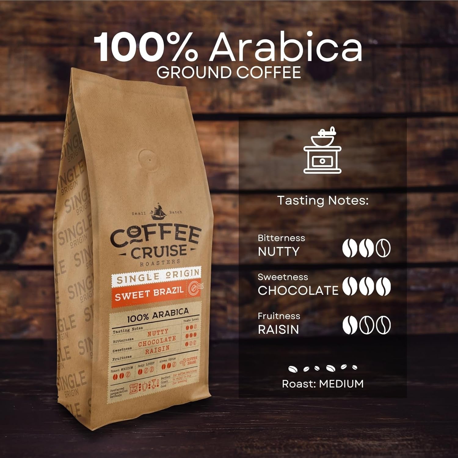 COFFEE CRUISE Sweet Brazil Brasilianische Kaffeebohnen 1kg - Mittlere Röstung - Aroma Kakao und Schokolade - Für All Kaffeemaschinen - 100% Arabic