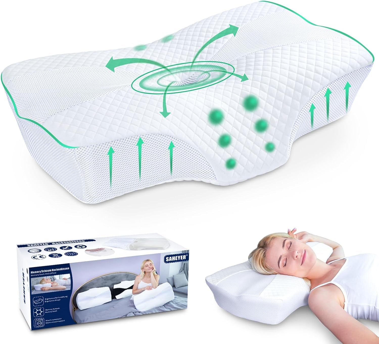 Ortopedický polštář SAHEYER Polštář na podporu krku Polštář pod hlavu Ergonomický polštář na krk Polštář na spaní na boku 60 X 40 X 13/11 cm Polštář z paměťové pěny pro spaní na zádech Žaludek Ortopedické cervikální polštáře Naty Shop Pearl White
