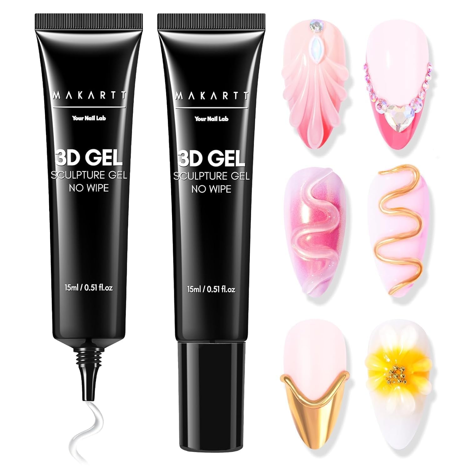 Makartt 3D Nail Art Gel - Kamínkový lepicí gel 15G na klíčenky na nehty, Multifunkční gel na tvarování nehtů pro vlastní úpravu nehtů, modeláž nehtů na modeláž nehtů doma (transparentní)