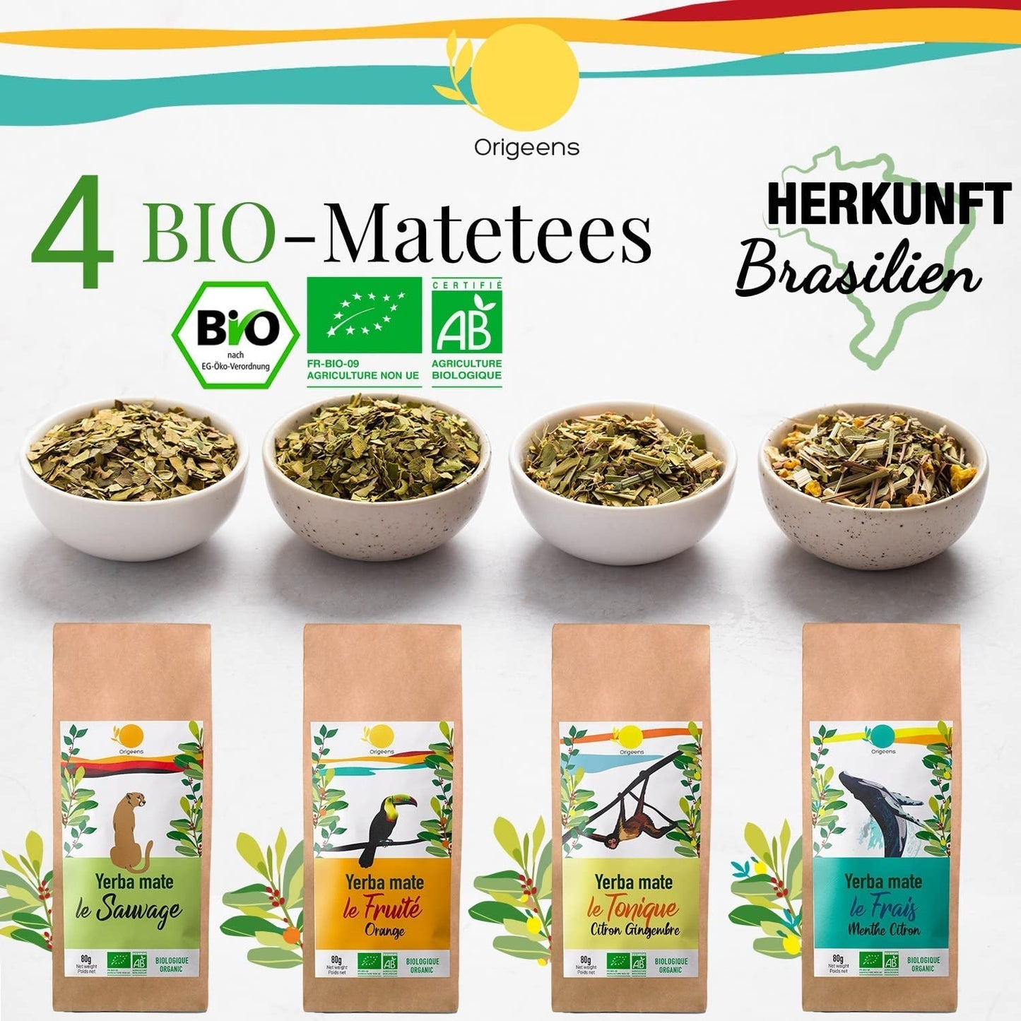 ORIGEENS BIO MATE ČAJOVÁ DÁRKOVÁ SADA X4 I Yerba Mate Bio 4X80G I Yerba Mate čajová sada, tip na dárek