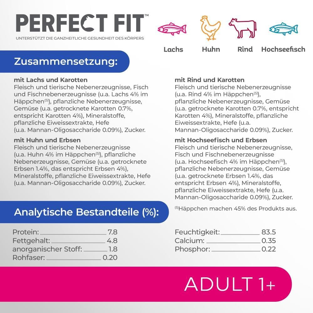 Perfect Fit Adult 1+ výběr mokrého krmiva s lososem, hlubinnými rybami, hovězím a kuřecím masem, 48 sáčků, 12x85g (balení po 4 ks) - Prémiové vlhké krmivo pro dospělé kočky od 1 roku věku